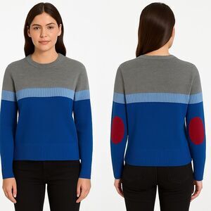 New Boast Women Size M Merino Wool Sweater Gray Blue Red Elbow Patch Crewneck